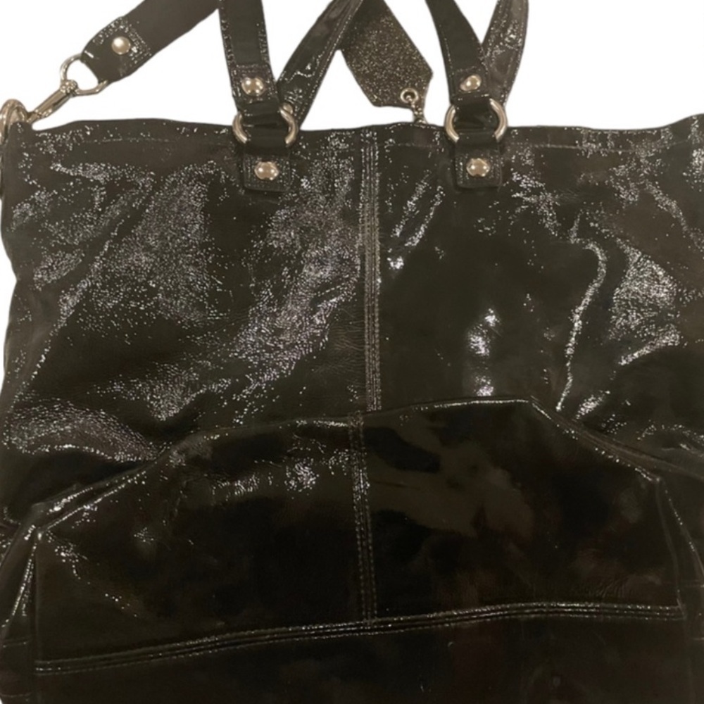 AUTH COACH POPPY GLOSSY CRINKLE PATENT LEATHER SATCHEL BAG PURSE 13869 BLACK - Picture 5 of 11